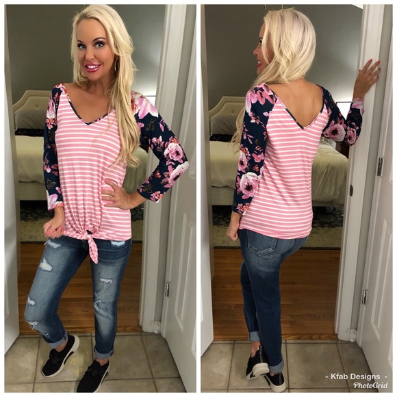 Tops - 🌸LAST 1 Pink Contrast Stripe/Floral Tie Front Top